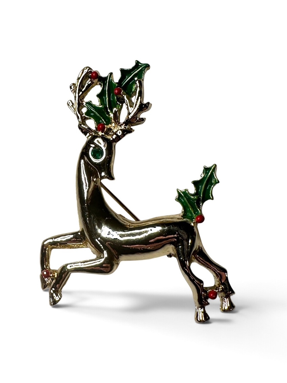Vintage Gerry’s Christmas Reindeer Holly Brooch Green Rhinestone Eye